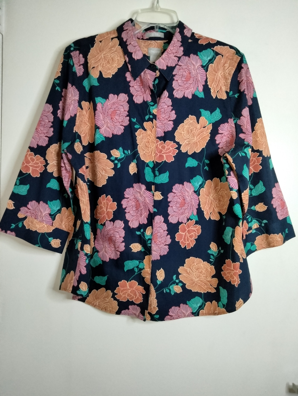 Chico's (Size 3/XL/16) Navy Floral Button-Front Blouse with Pink & Peach Blooms